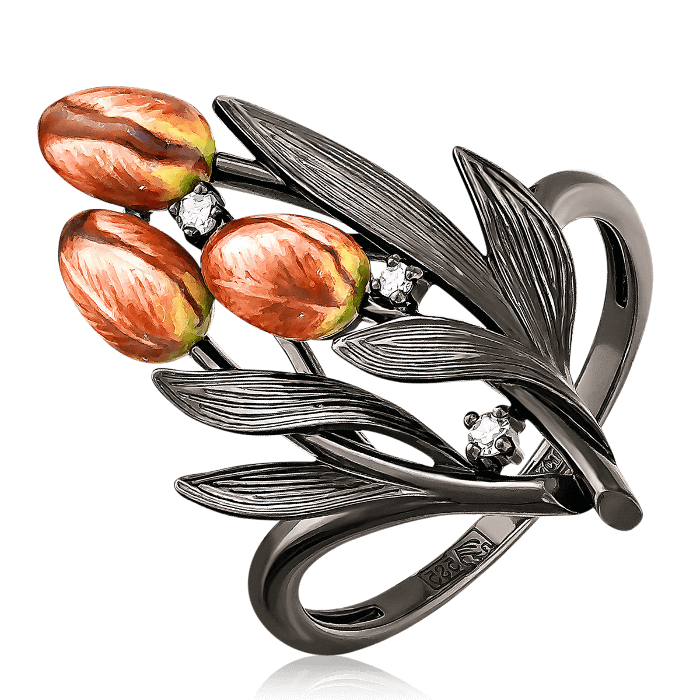 Кольцо Тюльпаны с бриллиантами, эмалью из черного золота 585, фото № 1