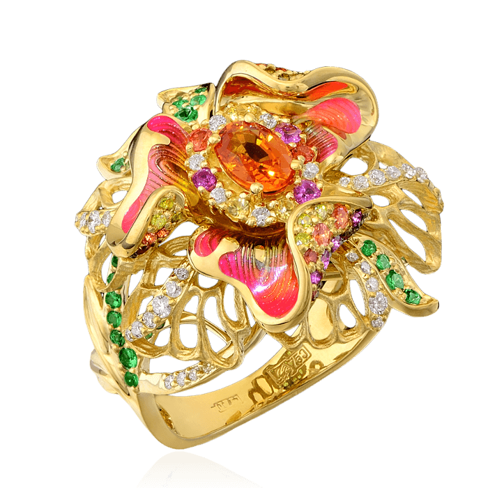 Кольцо с бриллиантами, эмалью, тсаворитом, сапфиром фантазийным из желтого золота 750 пробы, фото № 1