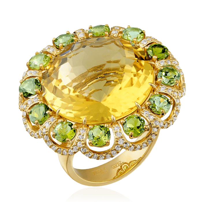 Коктейльное кольцо с лимонным кварцем, белыми сапфирами, зелеными турмалинами из желтого золота 585 пробы, фото № 1