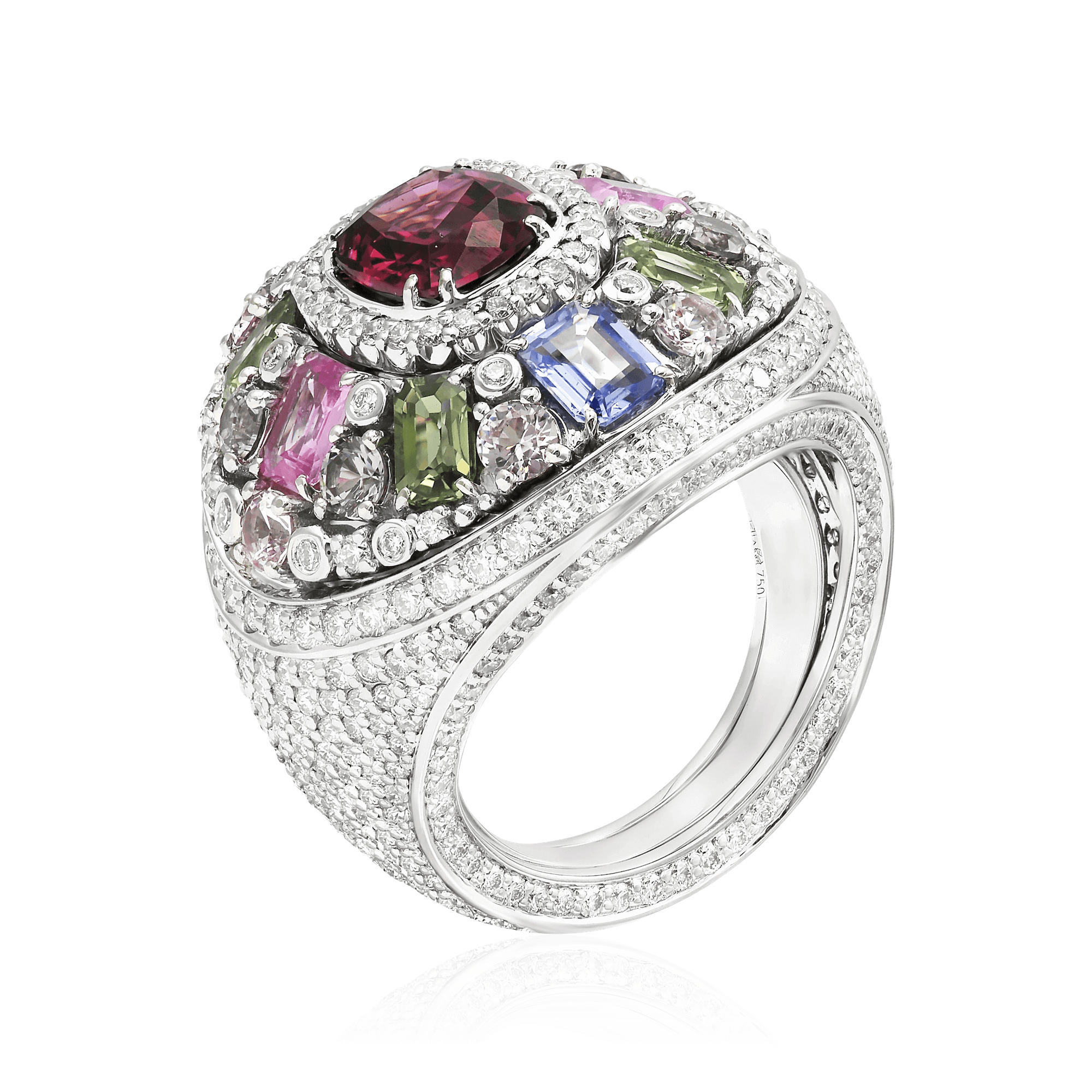 Кольцо с сапфиром, шпинелью, бриллиантами, родолитом из белого золота 750 пробы (арт. 100444)
