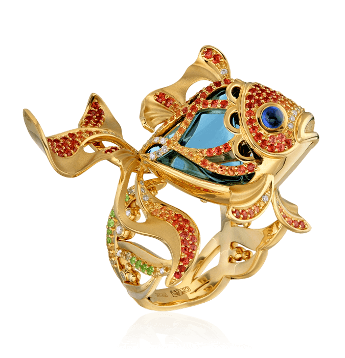 Кольцо Рыба с цветными камнями и бриллиантами в желтом золоте 750 пробы, фото № 1