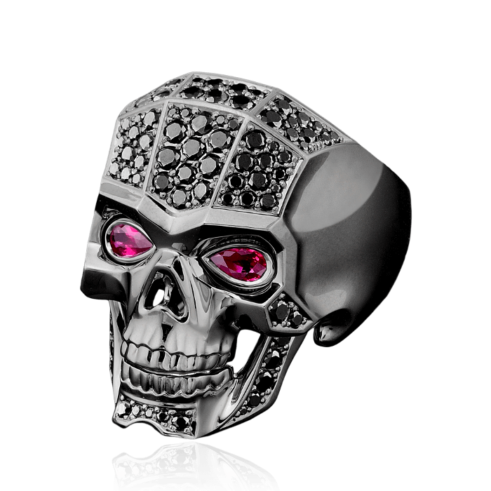 Мужское кольцо Череп с подвижной челюстью с рубинами и черными бриллиантами в белом золоте 750 пробы, фото № 1