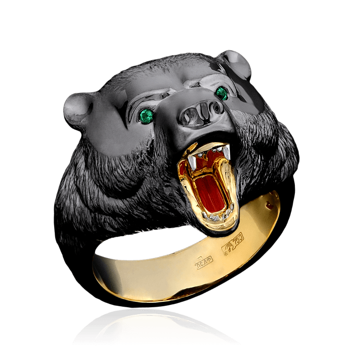 Мужское кольцо Медведь с изумрудами и эмалью в черненом и желтом золоте 750 пробы, фото № 1