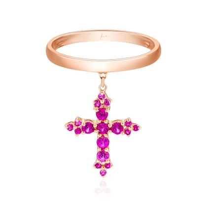 Кольцо с подвесным крестом с рубинами из желтого золота 750 пробы, фото № 1