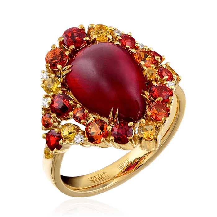 Кольцо с рубином, цветными сапфирами и бриллиантами в желтом золоте 750 пробы (арт. 34910)