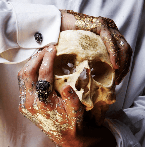 Мужское кольцо Череп с подвижной челюстью с рубинами и черными бриллиантами в белом золоте 750 пробы, фото № 4