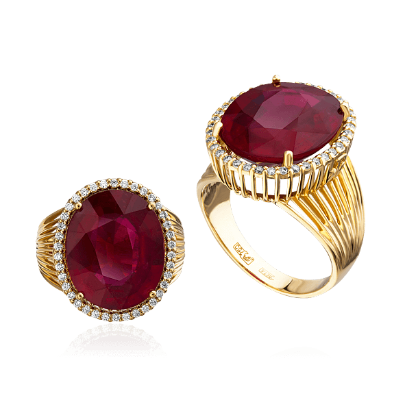 Кольцо с рубином, бриллиантами из желтого золота 750 пробы (арт. 35932)