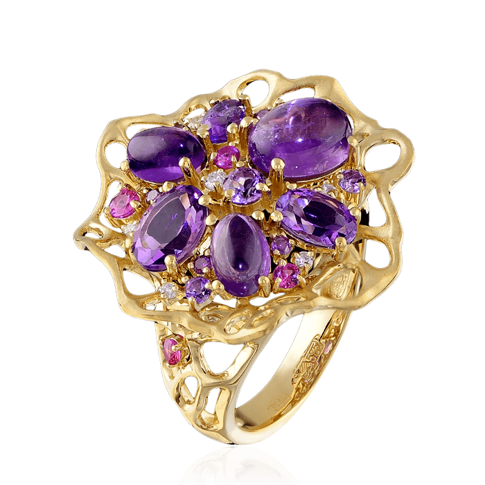 Кольцо с аметистом, бриллиантами, сапфиром фантазийным из желтого золота 585 пробы, фото № 1
