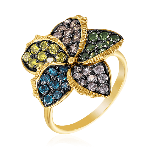 Кольцо Цветок с цветными бриллиантами из желтого золота 585, фото № 1