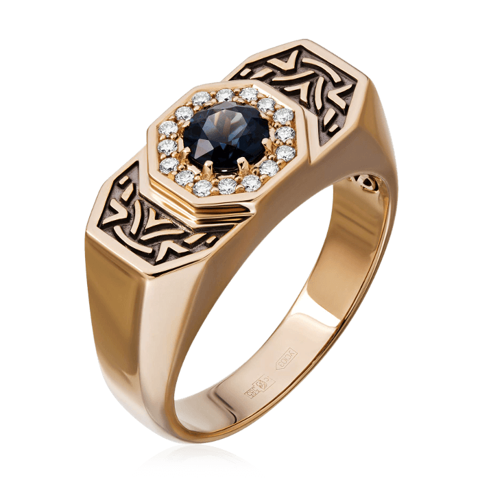 Мужское кольцо с сапфиром, бриллиантами из красного золота 585 пробы, фото № 1