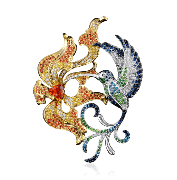 Кулон Птица с цветными камнями и бриллиантами в желтом и белом золоте 750 пробы, фото № 1