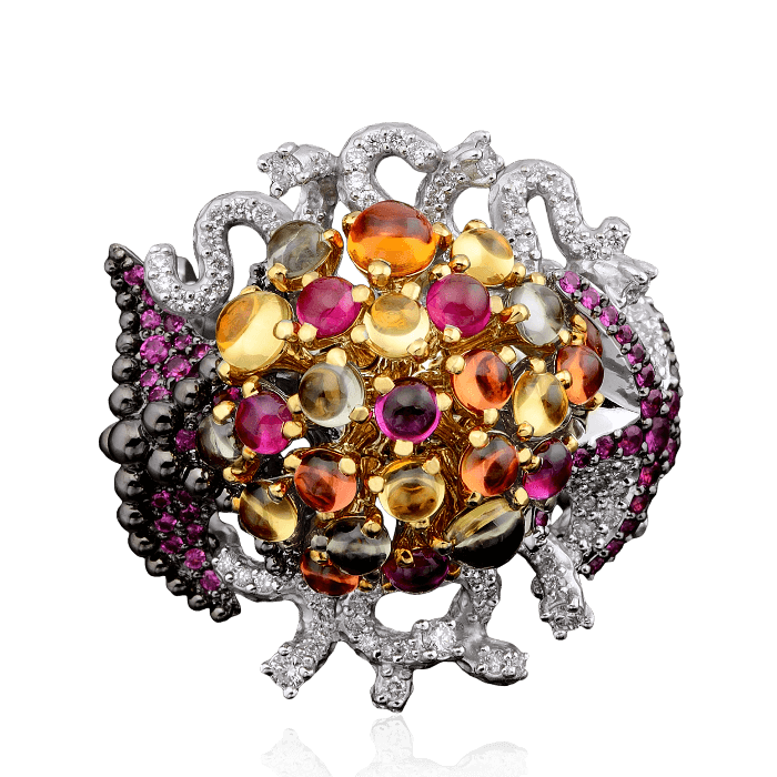 Кольцо с цветными сапфирами, рубинами и бриллиантами в белом золоте 585 пробы, фото № 2