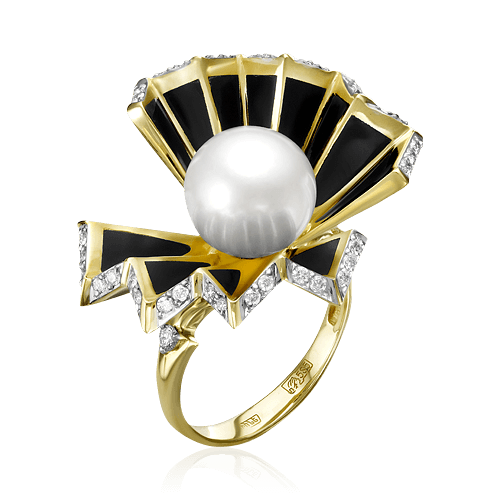 Кольцо с жемчугом, бриллиантами, эмалью из желтого золота 585 пробы, фото № 1