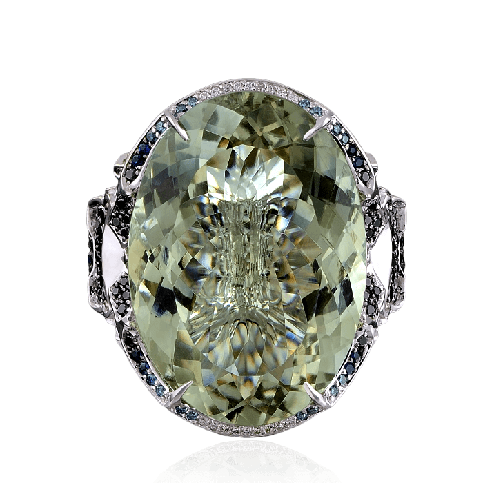 Кольцо Жук-олень с цветными камнями и бриллиантами в белом золоте 750 пробы, фото № 2