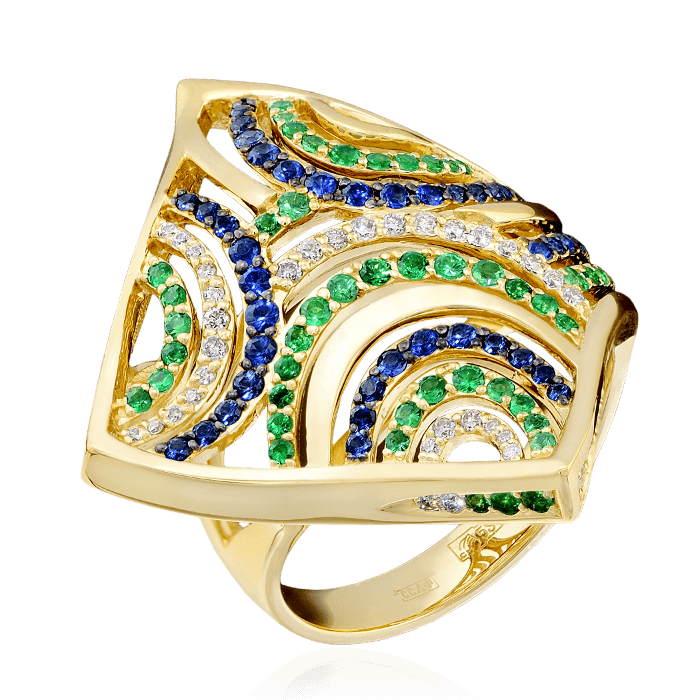 Кольцо с сапфиром, бриллиантами, тсаворитом из желтого золота 585 пробы, фото № 2