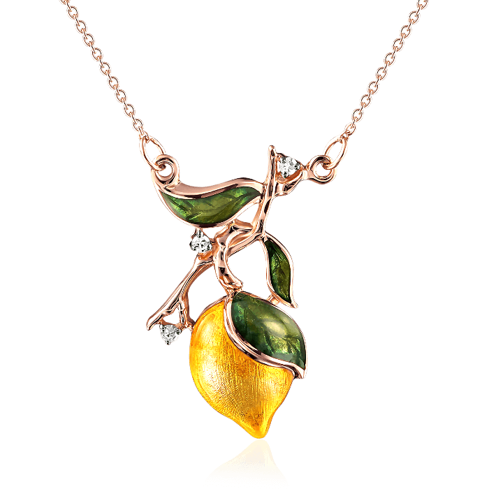 Колье из красного золота с бриллиантами и ароматным лимоном из горячей эмали, фото № 1