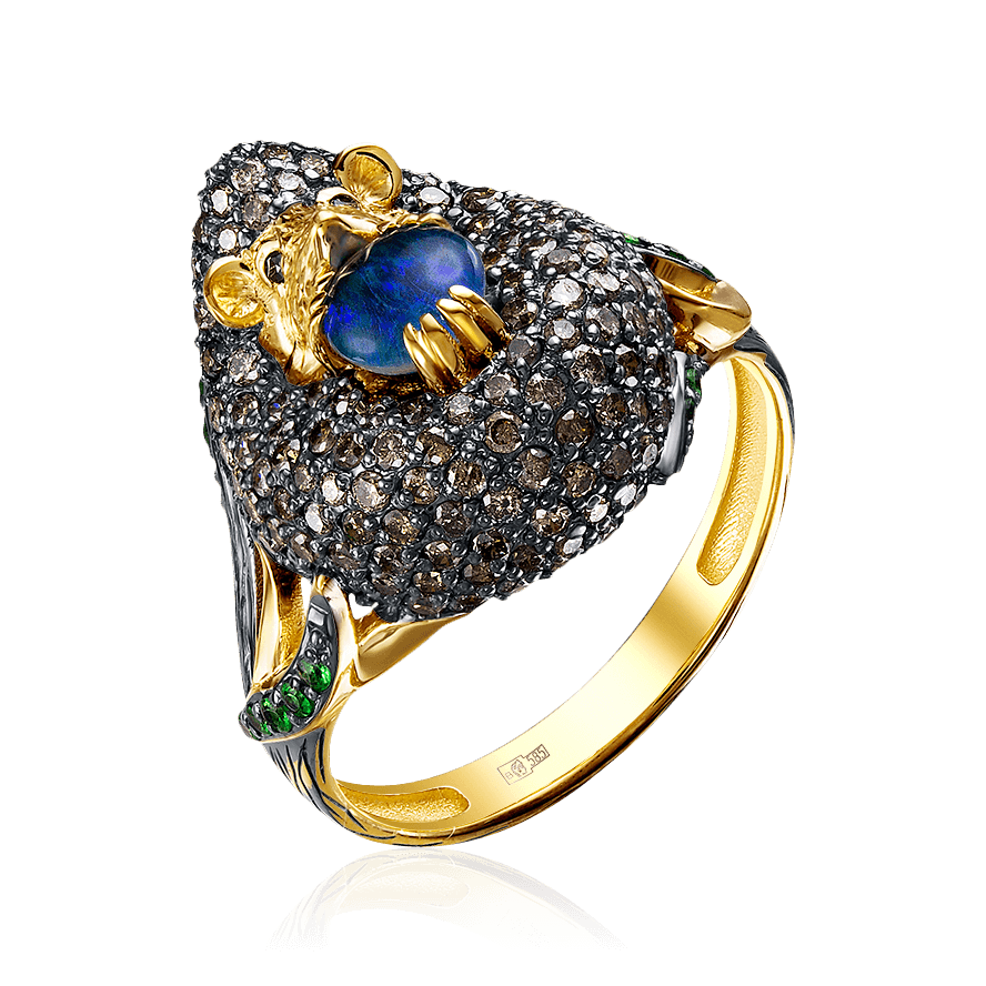 Кольцо Ежик с опалом, бриллиантами из желтого золота 585 пробы, фото № 1