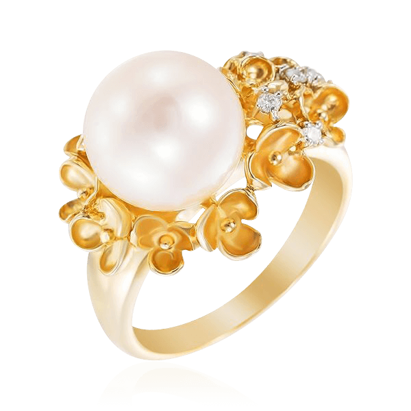 Кольцо с жемчугом, бриллиантами из желтого золота 585 пробы (арт. 102975)