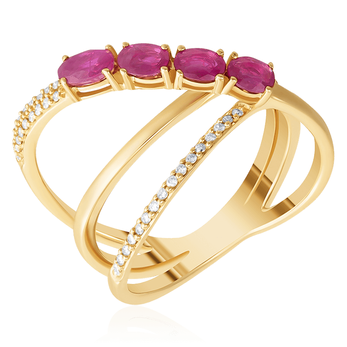 Кольцо с рубинами, бриллиантами из желтого золота 585 пробы, фото № 1