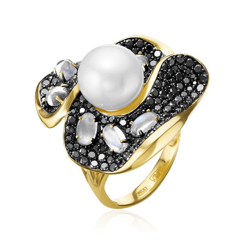 Кольцо с бриллиантами, жемчугом, лунным камнем из желтого золота 585 пробы, фото № 1