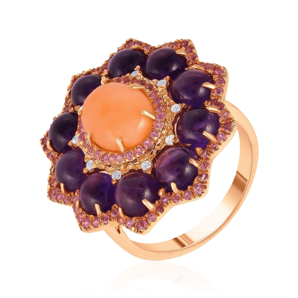 Кольцо с сапфиром, аметистом, бриллиантами, корундом из красного золота 585 пробы (арт. 102969)