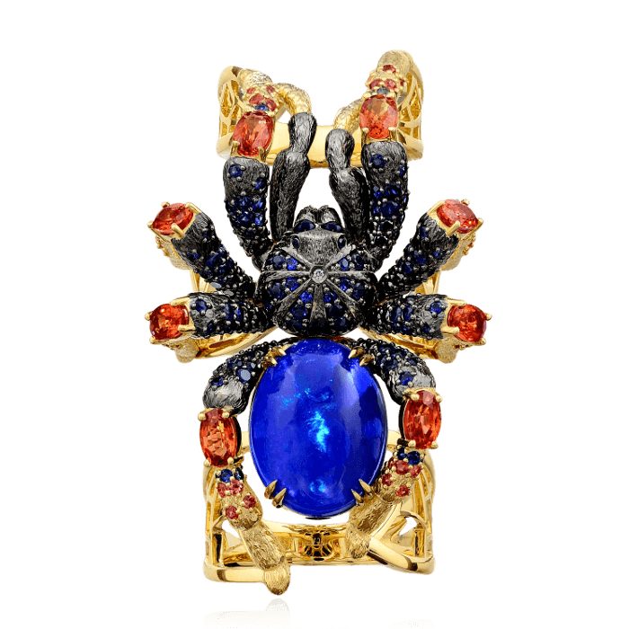 Кольцо Паук с опалом, бриллиантами, сапфиром, сапфиром фантазийным из желтого золота 750 пробы, фото № 2