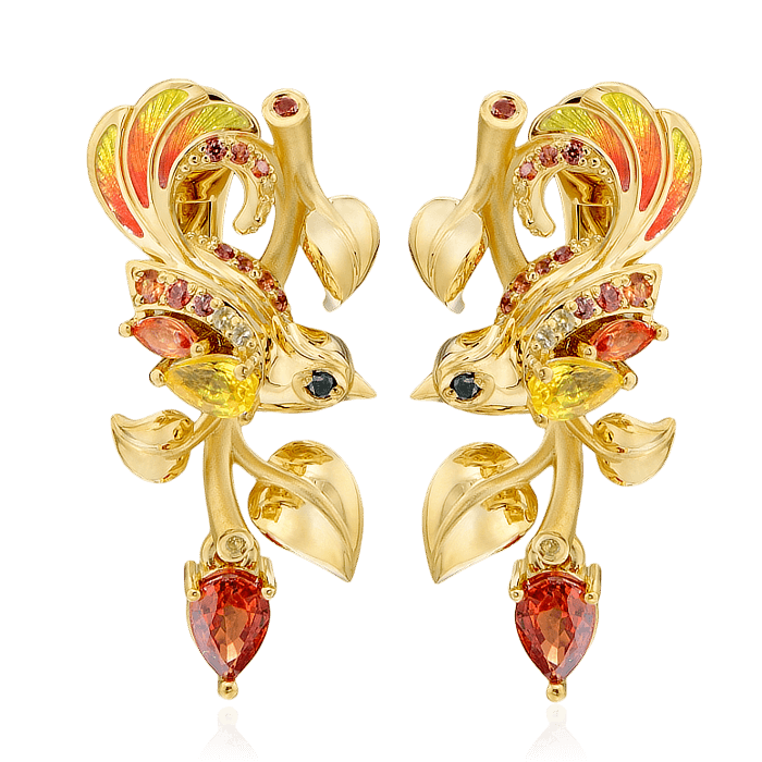 Серьги в виде птиц с бриллиантами, эмалью, цветными сапфирами из желтого золота 750 пробы, фото № 1