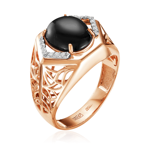 Мужское кольцо с бриллиантами, ониксом из красного золота 585 пробы, фото № 1