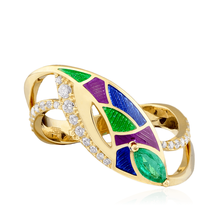 Кольцо с изумрудом, бриллиантами, эмалью из желтого золота 585 пробы, фото № 2