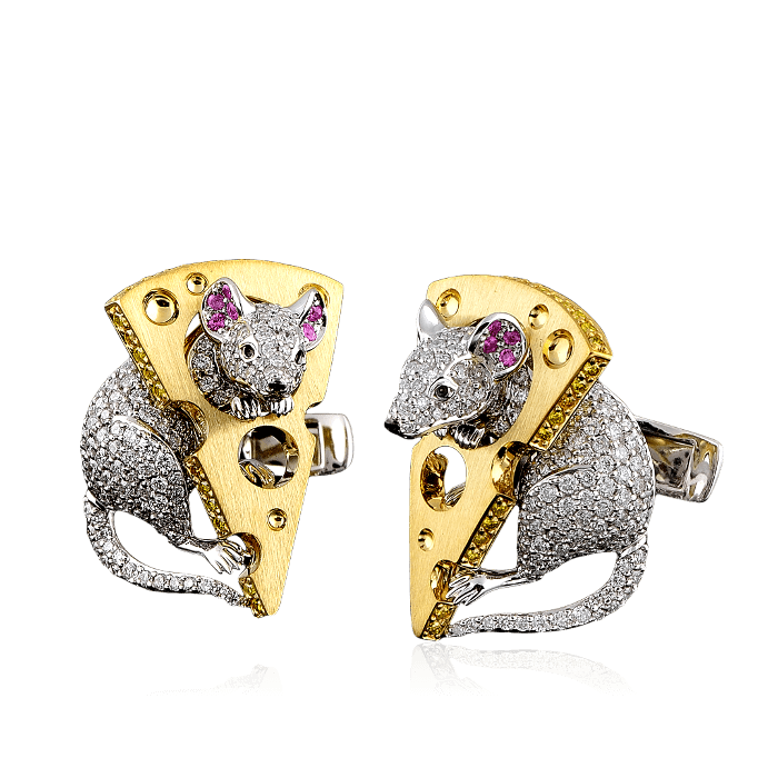 Запонки Мыши с бриллиантами и цветными сапфирами в белом и желтом золоте 750 пробы, фото № 1