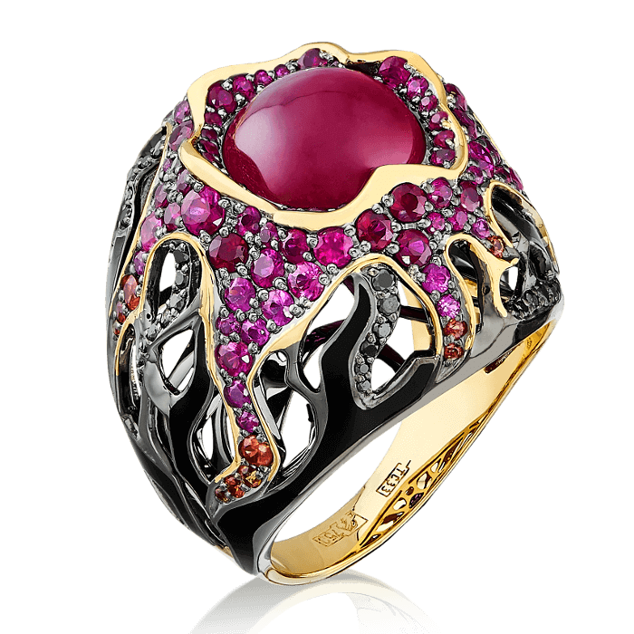Кольцо с рубином, цветными сапфирами, бриллиантами, эмалью из желтого золота 750 пробы (арт. 52184)