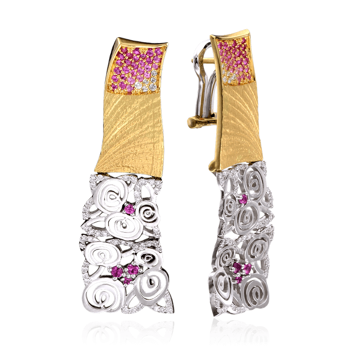Длинные серьги с розовыми сапфирами и бриллиантами в комбинированном золоте 750 пробы (арт. 27958)
