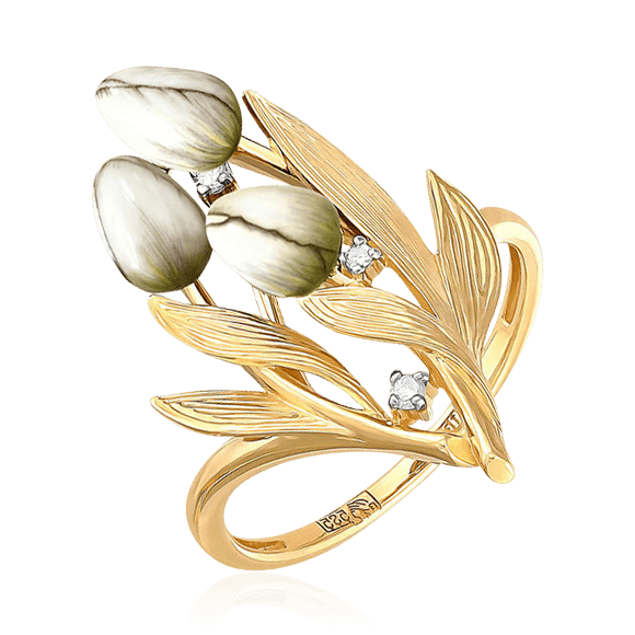 Кольцо Тюльпаны с бриллиантами, финифтью из желтого золота 585, фото № 1