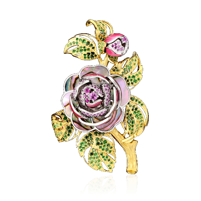 Брошь Роза с цветными камнями и бриллиантами в желтом золоте 750 пробы, фото № 1