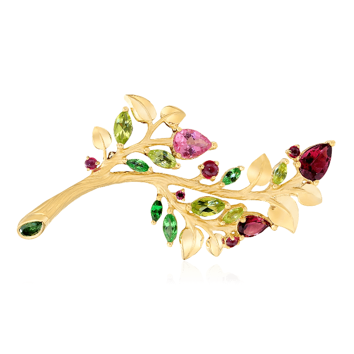 Брошь с рубином, хризолитом, турмалином, демантоидом, сапфиром фантазийным из желтого золота 750 пробы, фото № 1