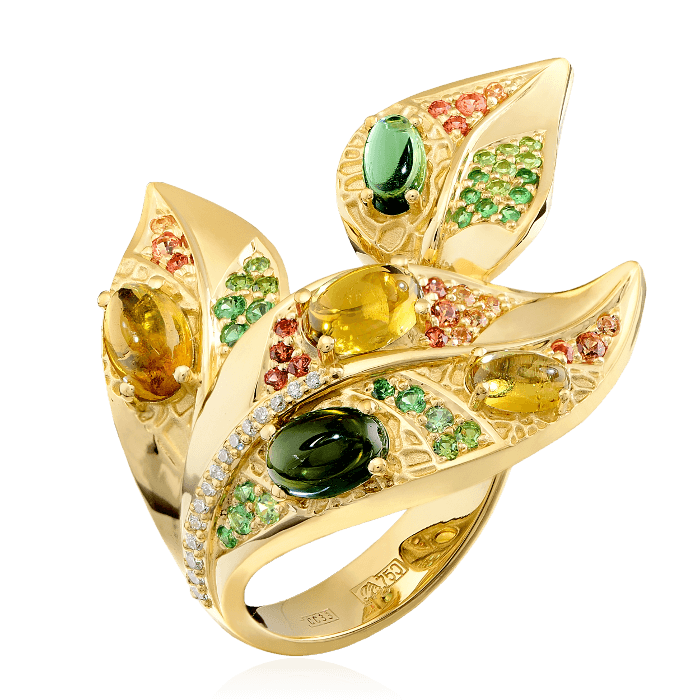 Кольцо с турмалином, бриллиантами, демантоидом, тсаворитом, цветными сапфирами из желтого золота 750 пробы, фото № 1