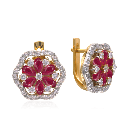 Серьги с рубином, бриллиантами из комбинированного золота 750 пробы, фото № 1