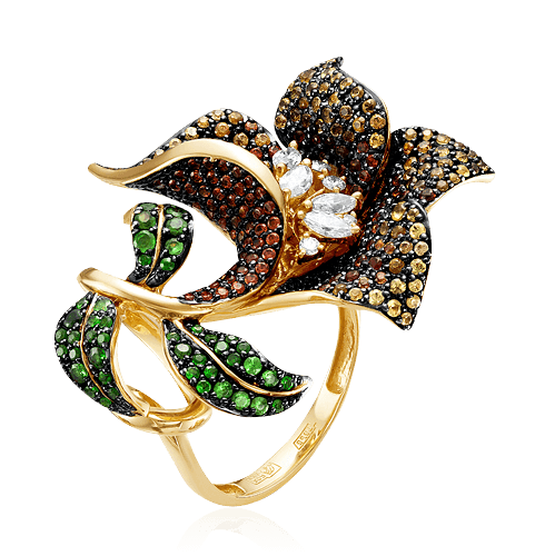 Кольцо с сапфиром, бриллиантами, тсаворитом из желтого золота 585 пробы, фото № 1