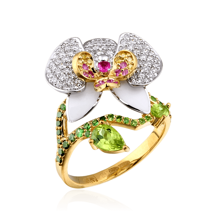 Кольцо Орхидея с бриллиантами и цветными камнями из желтого и белого золота 750 пробы, фото № 1