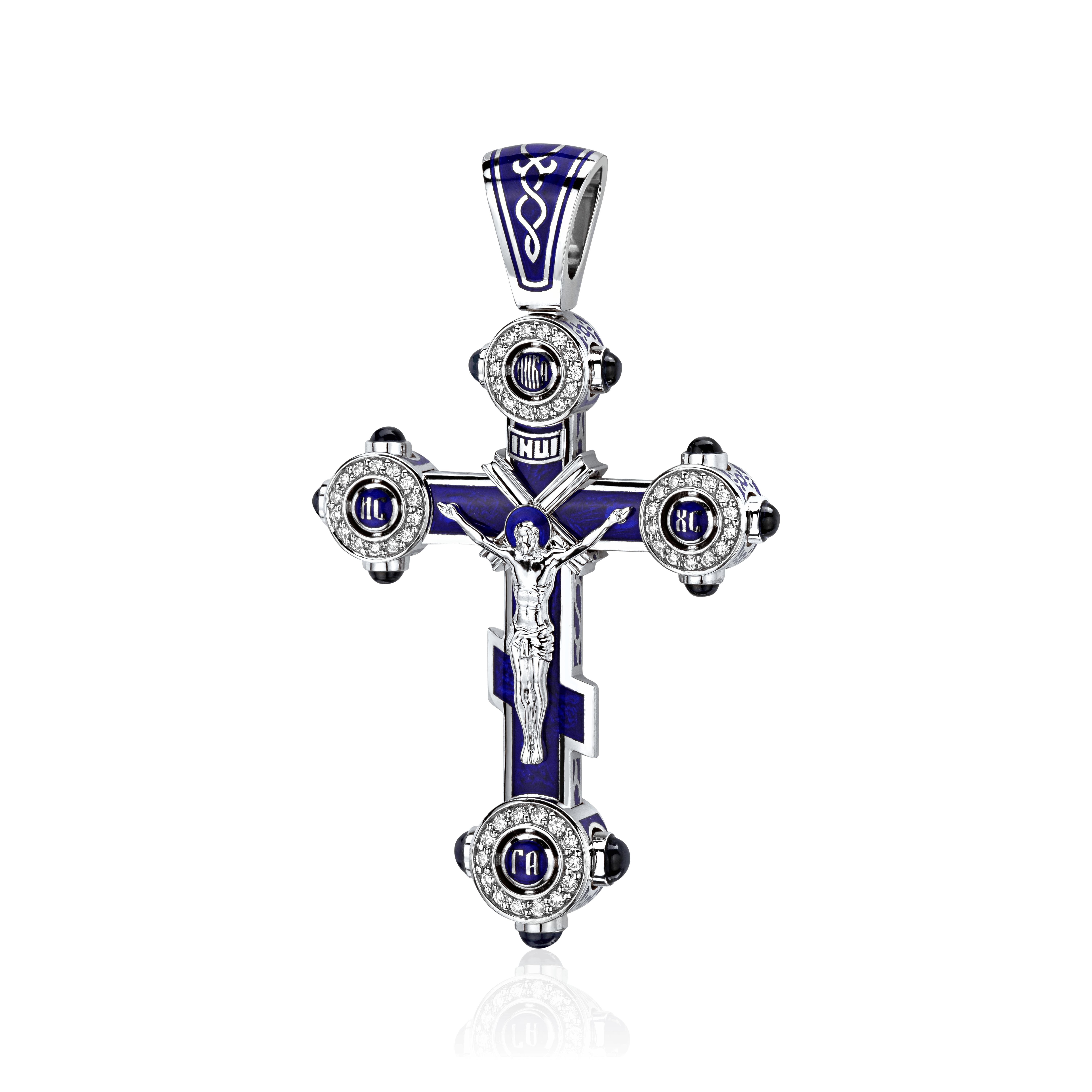 Крестик с сапфиром, бриллиантами, эмалью из белого золота 750 пробы, фото № 1