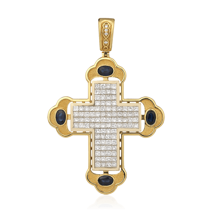 Крест с сапфиром, бриллиантами из желтого золота 750 пробы, фото № 1