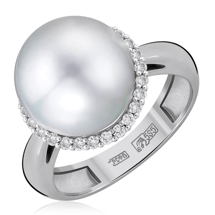Кольцо с жемчугом и бриллиантами из белого золота 585 пробы, фото № 1