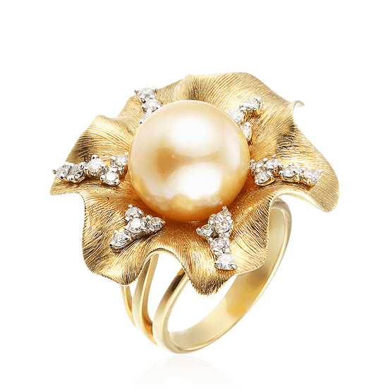 Кольцо в виде цветка с жемчугом, бриллиантами из желтого золота 750 пробы (арт. 40638)