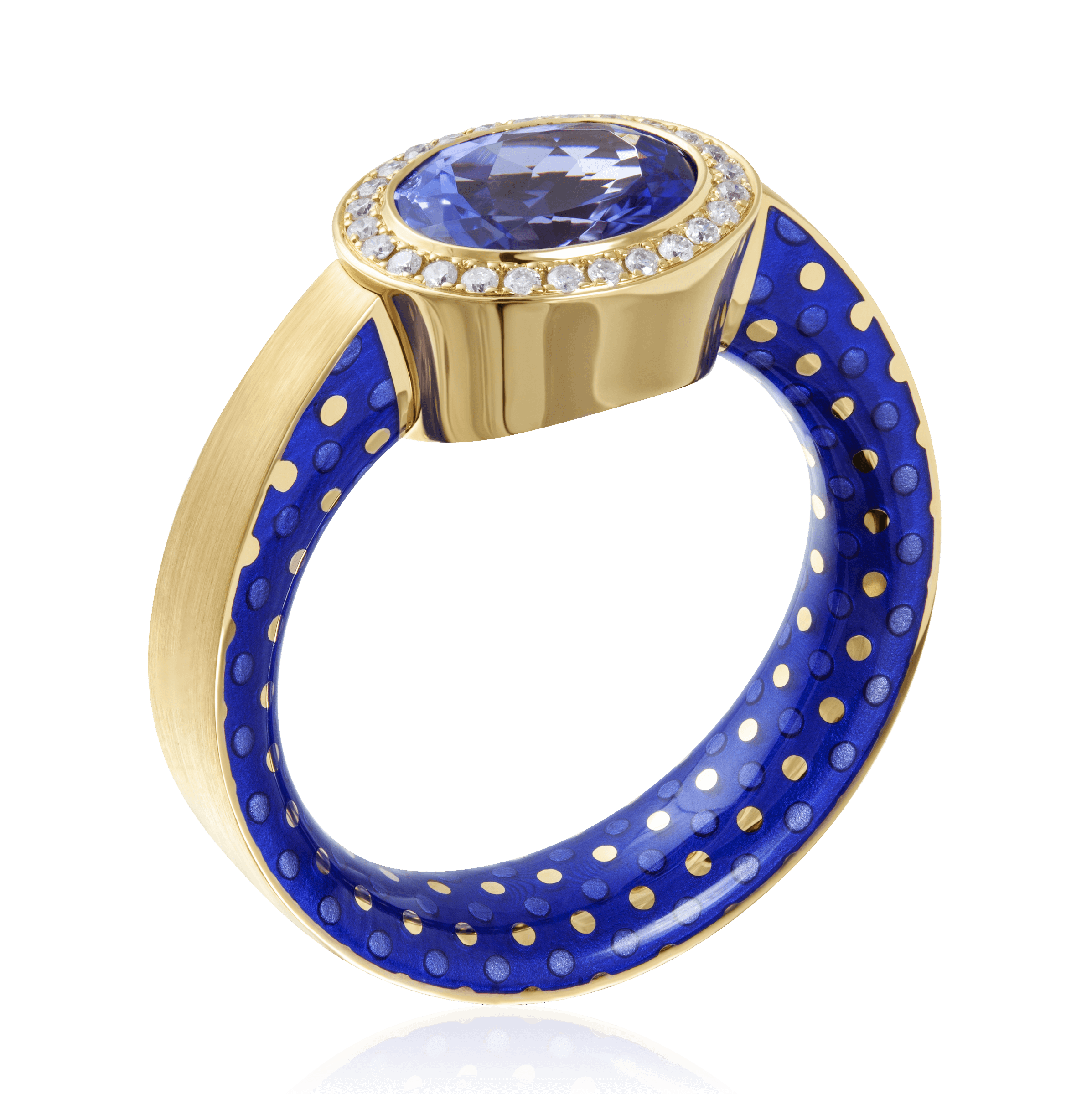 Кольцо с танзанитом, эмалью, бриллиантами из желтого золота 750 пробы (арт. 90632)
