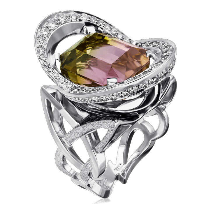 Кольцо с турмалином, бриллиантами из белого золота 750 пробы, фото № 1