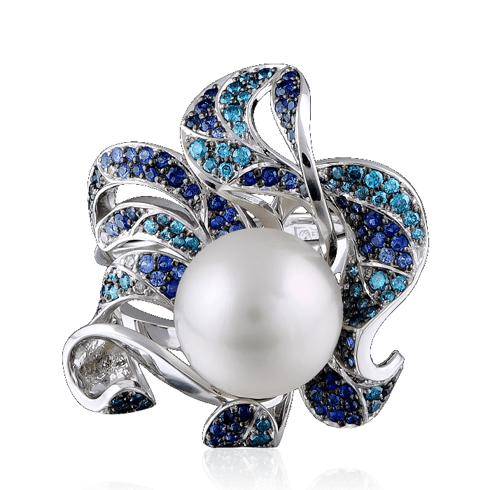 Кольцо с белым морским жемчугом, сапфирами и бриллиантами из белого золота 585 пробы, фото № 2