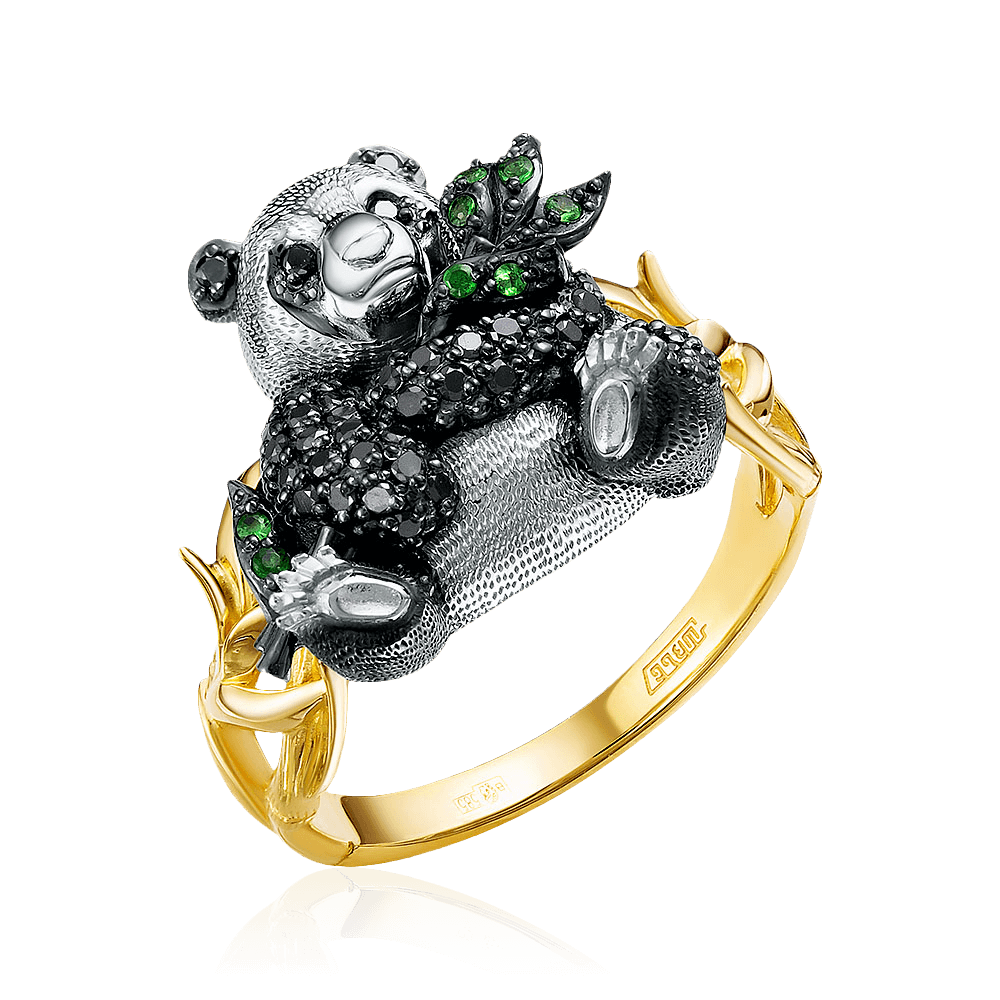 Кольцо панда с тсаворитом, бриллиантами из желтого золота 585 пробы, фото № 1