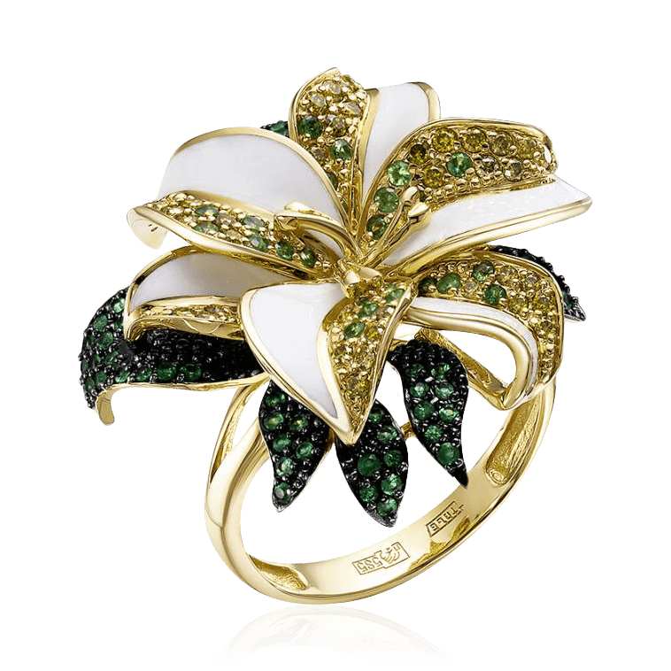 Кольцо Цветок с изумрудом, бриллиантами, эмалью, тсаворитом из желтого золота 585 пробы, фото № 1