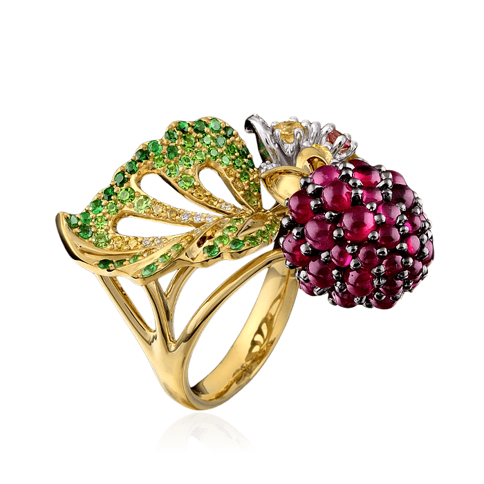 Кольцо Малина с рубинами, сапфирами, бриллиантами, демантоидами, тсаворитами из комбинированного золота 750 пробы, фото № 2