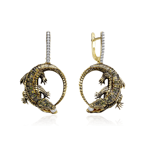 Серьги Крокодилы с жемчугом, бриллиантами из желтого золота 585 пробы, фото № 1